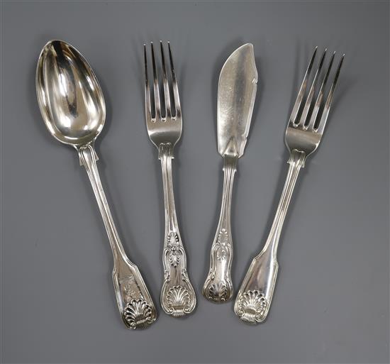 A Victorian fiddle, shell and thread pattern silver serving spoon and fork and a silver Kings pattern fork and a fish knife